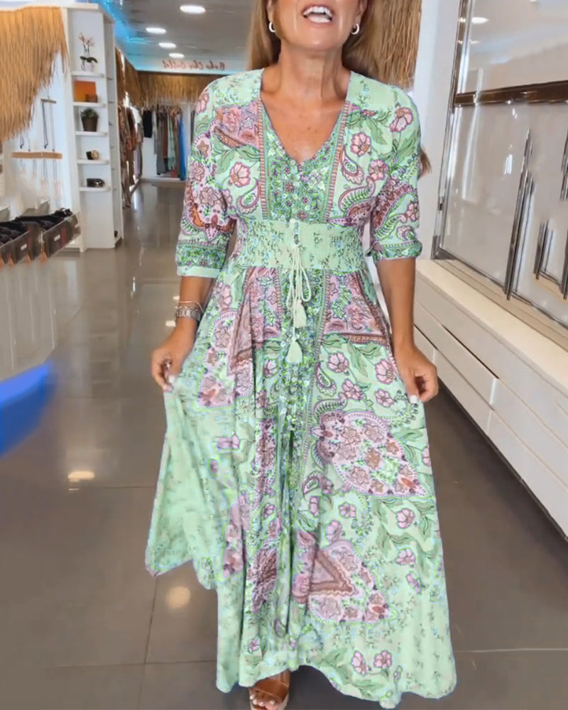 Elizabeth™ | Elegant Printed V-Neck Dress