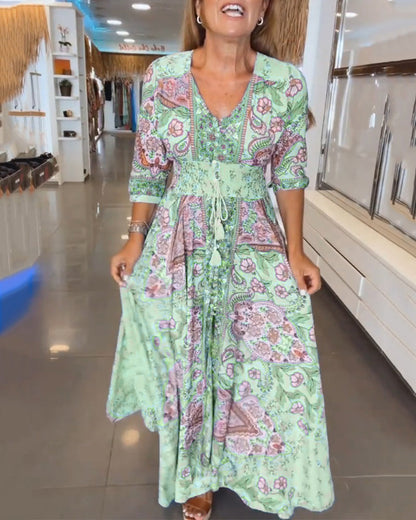 Elizabeth™ | Elegant Printed V-Neck Dress