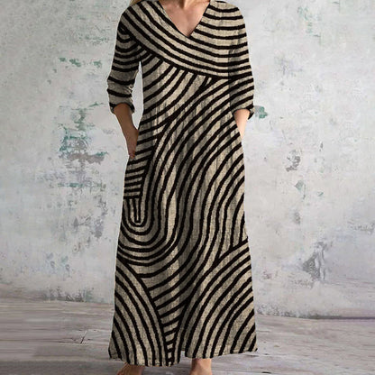 Anne™ | Stylish V-Neck Striped Maxi Dress